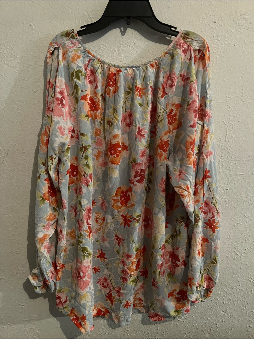 J. Jill Light Blue Floral Peasant Top with Pink & Orange Blooms